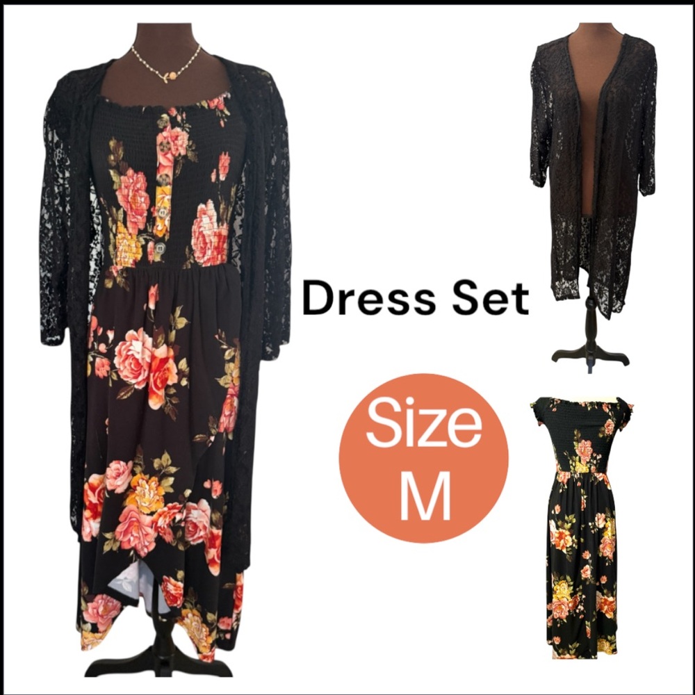 Women’s Dress Set 2, Floral Black-Peach w/Lace Wrap, Fall Dress, Work Dress